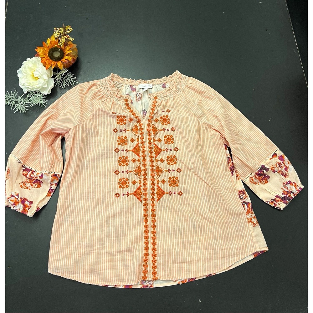 Vintage America Orange Stripe Embroidered V-Neck Boho Peasant Tunic Blouse Sz XL